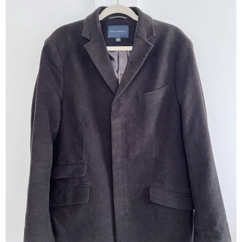 Banana Republic Mens L 100% Cotton Overcoat Brown Tailored Topcoat Hidden Button
